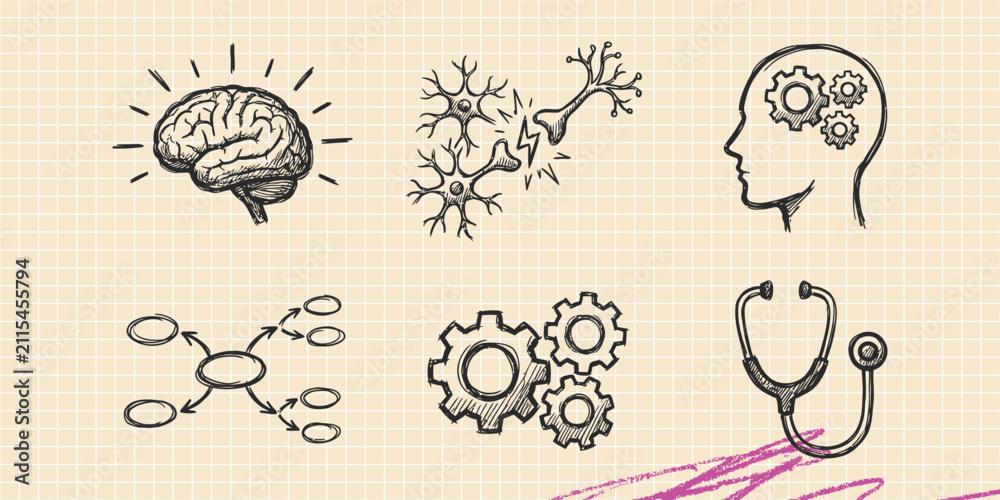 Obraz premium Hand drawn vintage black ink scribble doodle vector set of brain mind ideas and puzzle icons for creative graphic design