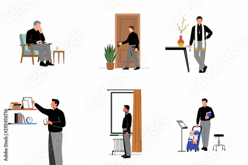 Foto A collection of flat vector illustrations depicting a Catholic priest in various daily activities, from reading and praying to organizing books and working