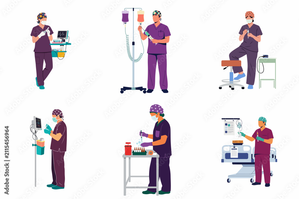 Fototapeta premium Set of Medical Professional Vector Illustrations Showing Anesthesiologists and Nurses in Purple Scrubs Preparing for Surgery and Managing Hospital Equipment