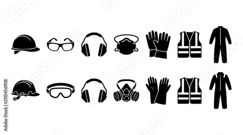 Safety equipment icons set for workplace protection. Essential PPE gear vector illustrations for industrial and construction use.