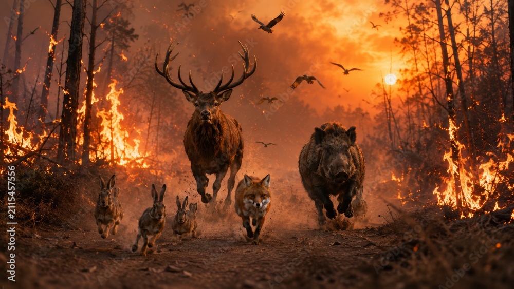Fototapeta premium Wild Animals Fleeing a Raging Forest Fire