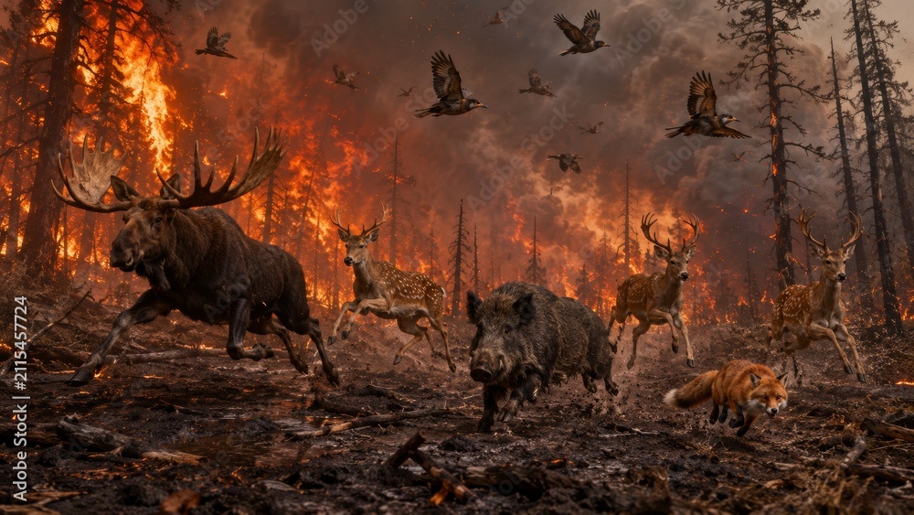 Fototapeta premium Wild Animals Fleeing a Raging Forest Fire