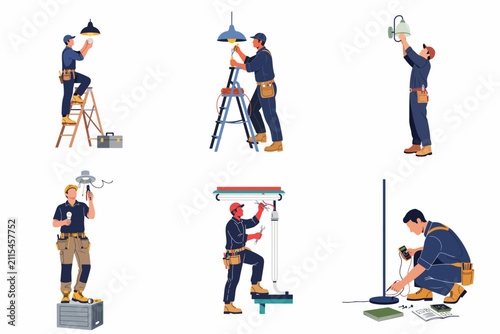 Set of Professional Electricians Working on Various Lighting Fixtures and Performing Electrical Repairs