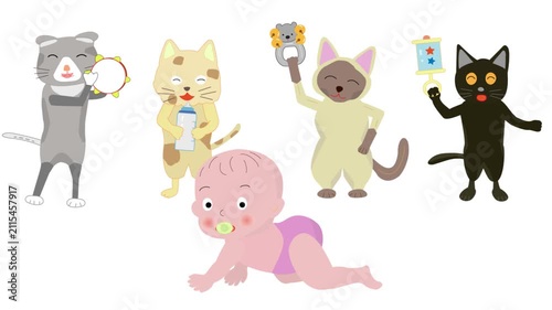 赤ちゃんの成長を応援している猫たち。
