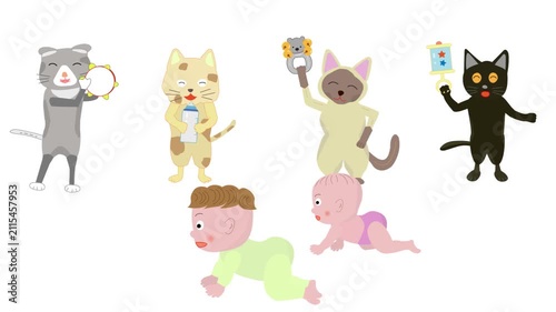 赤ちゃんの成長を応援している猫たち。