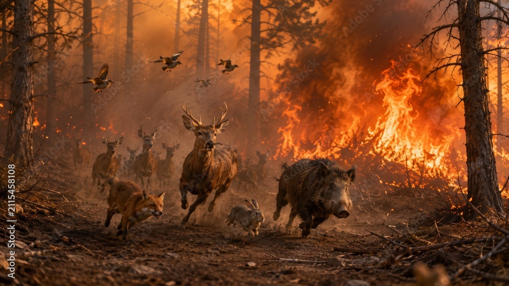 Fototapeta premium Wild Animals Fleeing a Raging Forest Fire