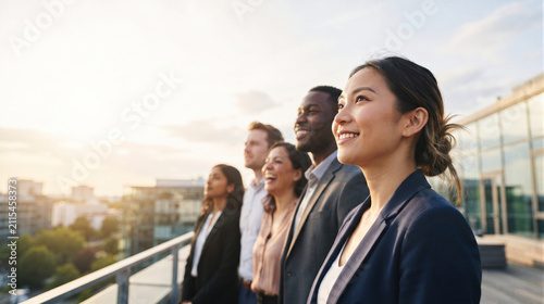 Diverse group of professional colleagues standing on a rooftop terrace looking at the horizon during sunset in a modern city