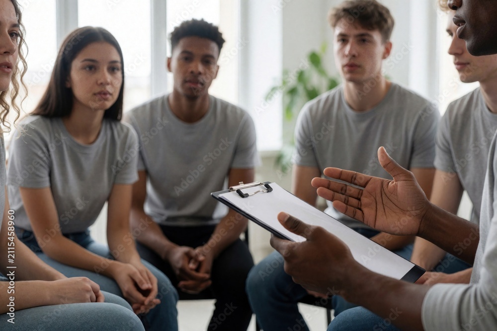 Obraz premium Diverse group of young people sit in circle during office meeting training class. Colleagues listen to pro leader holding clipboard with paper. Students participate in startup brainstorming session