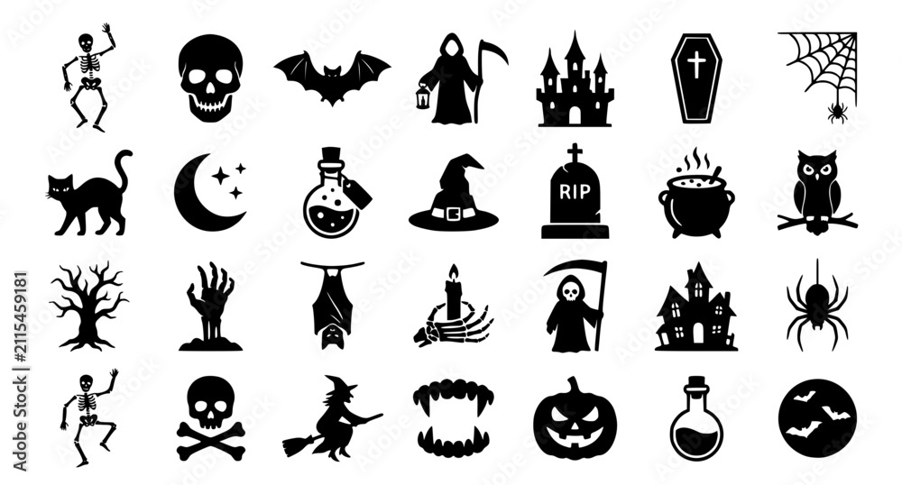 Fototapeta premium Modern Halloween Silhouette Collection with Gothic Skulls Bats and Grim Reaper Illustrations