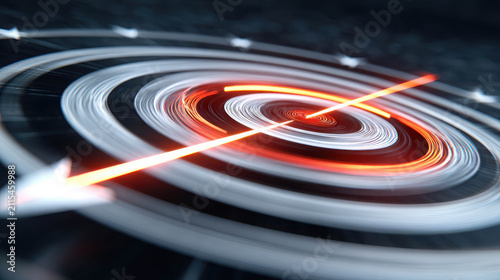 A dynamic digital illustration representing a target or goal with a glowing arrow pointing directly at its center, symbolizing focus and precision