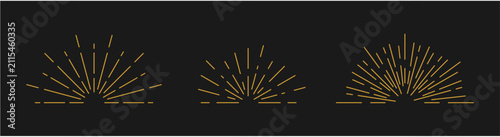 Set of golden line art half starburst and sunburst vector icons isolated on dark background.