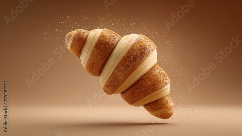 A flaky, golden-brown croissant with a hint of sugar sprinkled on top, set against a warm, inviting background