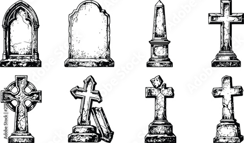 Foto Vintage halloween engraving of weathered gravestones and crosses on a white back