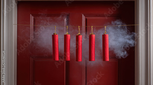 A string of five red sticks with smoke emanating from the sides, hanging on a thin string against a red door