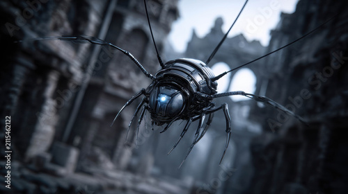 An unsettling mechanical insect-like drone hovers in front of decaying ruins, its single eye glowing with a cold blue light