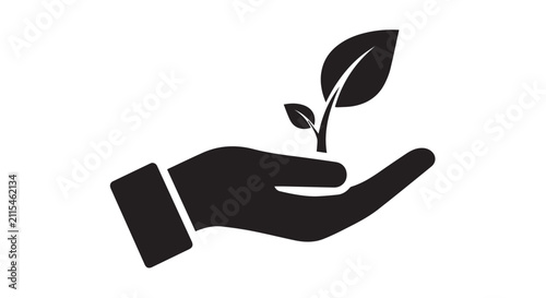 Hand holding small sprout icon for environmental sustainability concept.