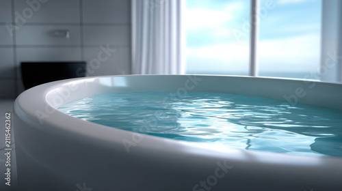 A luxurious bathtub filled with clear, sparkling water, set against a backdrop of a bright window with a view of the ocean. The modern bathroom design evokes a sense of relaxation and serenity