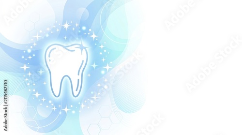 White Tooth Icon with Sparkles on Blue Watercolor Background.