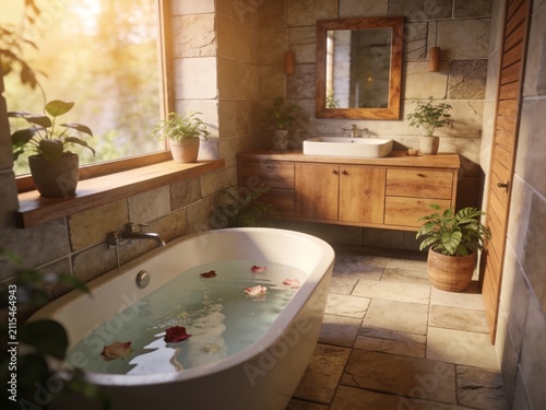 Modern luxury bathroom with wooden furniture and a freestanding soaking bathtub with flowers