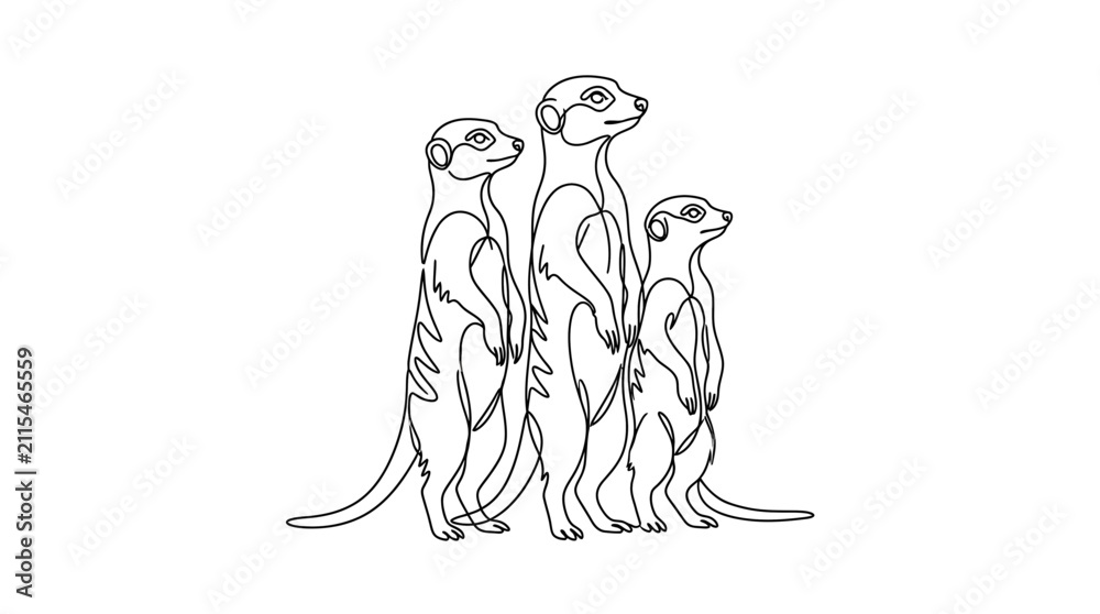 Obraz premium Three cute meerkats standing together line art illustration.
