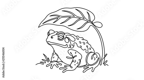 Cuadro en lienzo A line art drawing of a bumpy toad sitting under a large leaf.