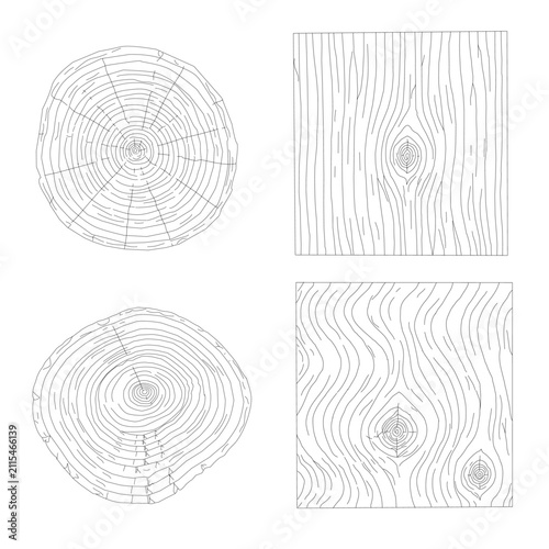 Set of twelve hand drawn wood grain textures and tree rings in outline style. Natural wooden plank, log cross section, bark texture, and timber vector collection.