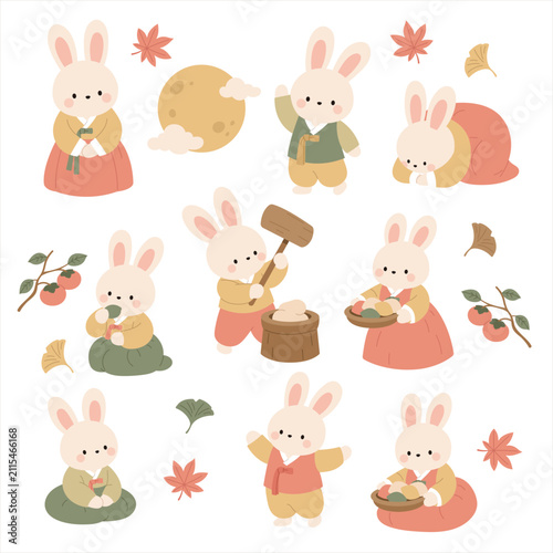 Cute Chuseok Hanbok Rabbit Character Illustration Set