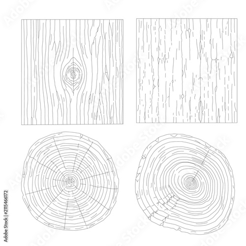 Set of twelve hand drawn wood grain textures and tree rings in outline style. Natural wooden plank, log cross section, bark texture, and timber vector collection.