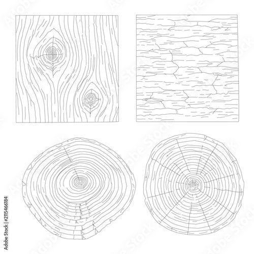 Set of twelve hand drawn wood grain textures and tree rings in outline style. Natural wooden plank, log cross section, bark texture, and timber vector collection.