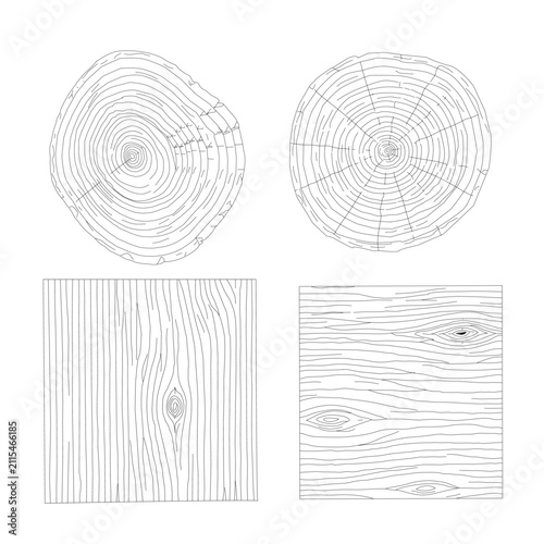 Set of twelve hand drawn wood grain textures and tree rings in outline style. Natural wooden plank, log cross section, bark texture, and timber vector collection.