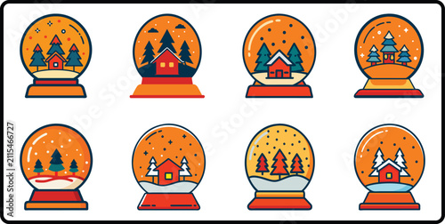 Set of eight colorful winter snow globe icons with small houses and pine trees for holiday designs
