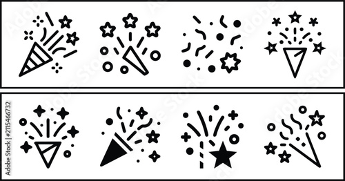 Set of party popper icons for celebration with confetti and stars for birthday and holiday events