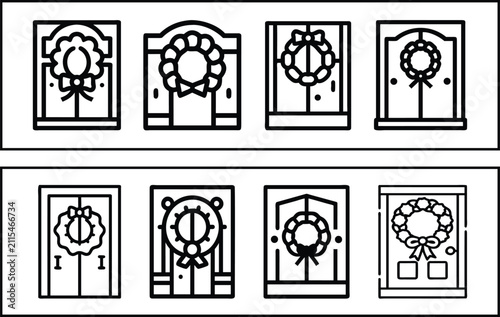 Set of eight simple line icons showing house doors decorated with festive christmas holiday wreaths
