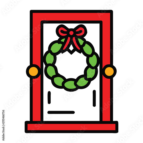 A festive red door decorated with a green christmas wreath and a red bow for holiday season decor