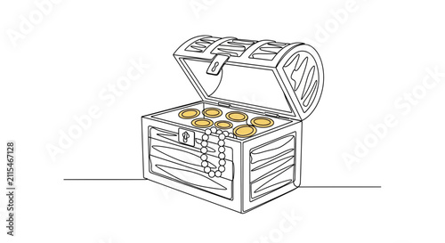 Photography Open Treasure Chest with Gold Coins and Pearls, Hand-drawn Illustration