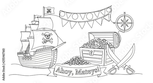 Bild auf Leinwand Pirate Ship, Treasure Chest, and Sabers - Hand-Drawn Vector Illustration