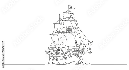 Принти на полотні Line Art Pirate Ship Sailing on the Ocean, Nautical Adventure Illustration