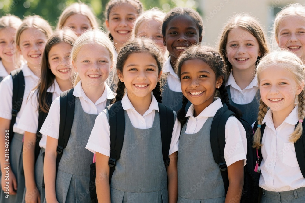 Obraz premium Group of diverse elementary school girls wear uniforms, backpacks standing together in line. Happy multiethnic children smile at camera outdoors. Young female students enjoy friendship at break time