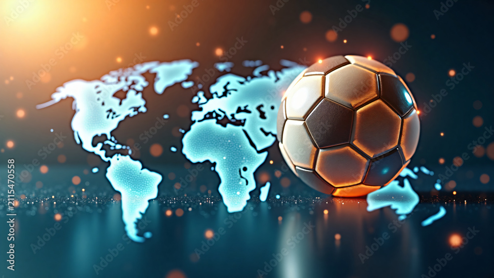 Fototapeta premium Glowing soccer ball connected to iconic stadiums over transparent world map with radiant lines and soft lighting