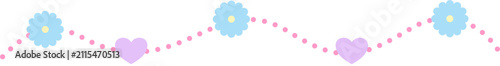 Cute floral heart garland border. Pastel decorative divider with flowers and hearts.