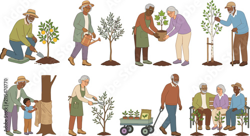 Diverse active senior citizens gardening vector illustration collection featuring elderly grandparents planting trees pruning shrubs and pulling utility wagon on white background