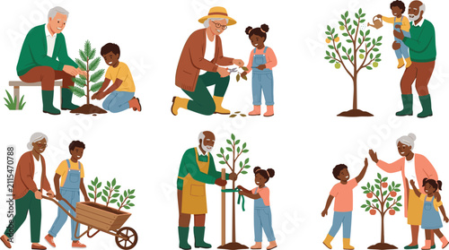Diverse grandparents and grandchildren gardening vector illustration set with elderly seniors teaching kids to plant trees water flowers and push wheelbarrow on white background
