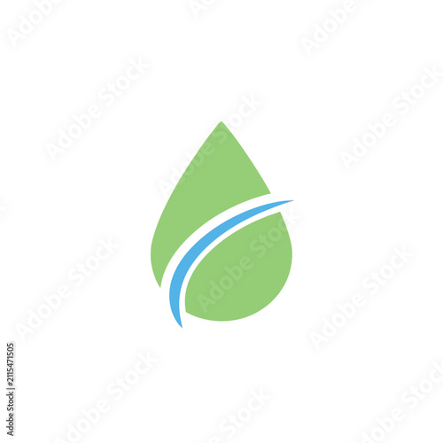 Clean, modern vector graphic of a green leaf water drop with a blue line, representing purity, nature, freshness, and environmental sustainability