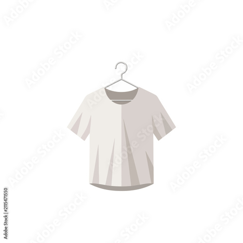 Minimalist white t-shirt hanging on metal wire hanger vector illustration for apparel mockup