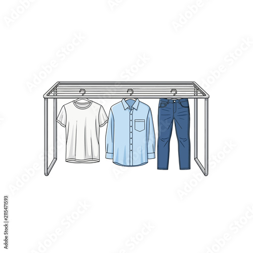Clothing hanging on a modern metal drying rack illustration