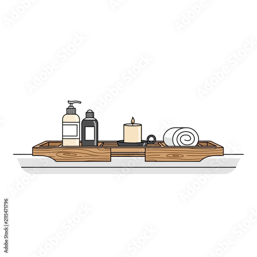 Wooden bathtub caddy tray with candle, rolled towel, and skincare bottles for home spa relaxation