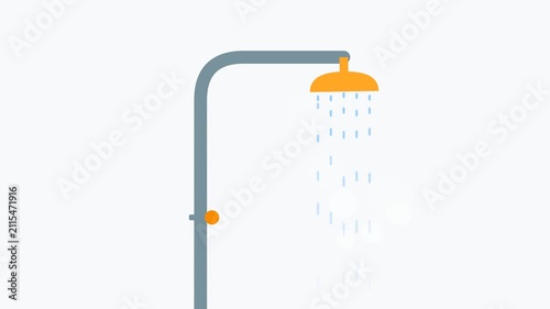Shower head animation with flowing water. Flat design graphic of bathroom plumbing fixture.