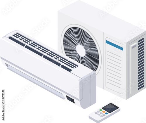 Bild auf Leinwand Isometric split air conditioner system with indoor unit, outdoor compressor, and