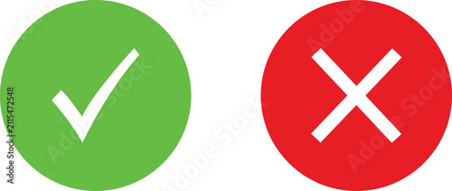 Green check mark and red cross mark icons representing true or false or yes and no choice symbols isolated on a white background