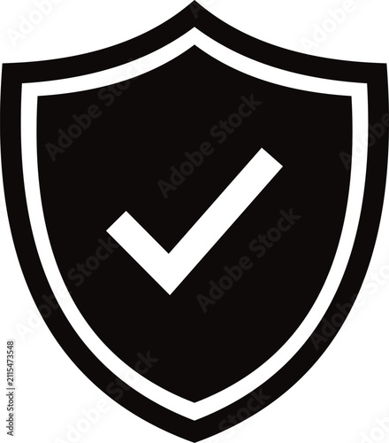 Black shield icon with a white check mark symbol for security and protection